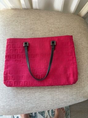 Fendi Hot Pink FF Jacquard Tote with Brown leather  Handles